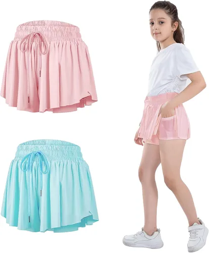 Paquete de 3 pantalones cortos fluidos para niñas con bolsillos, 2 en 1, faldas de mariposa fluidas para jóvenes, pantalones cortos para correr,