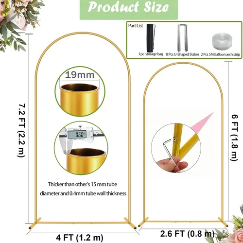 Miniatura 4 de Soporte de telón de fondo de arco de metal de 7.2 pies + 6 pies, juego de 2 soportes de fondo de arco dorado para fiestas, bodas, ceremonias, baby