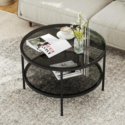Miniatura 9 de Yusong Mesas de centro redondas de vidrio para sala de estar, mesa auxiliar circular de 2 niveles con almacenamiento, mesa central moderna de 26