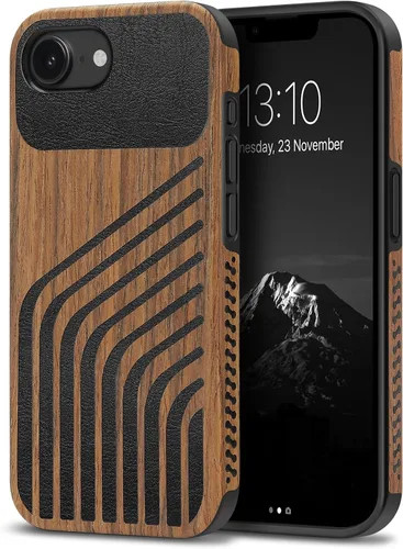 Miniatura 50 de TENDLIN Compatible con iPhone 17 Pro Max Funda de madera con textura de fibra de carbono Diseño de cuero híbrido delgado (negro)