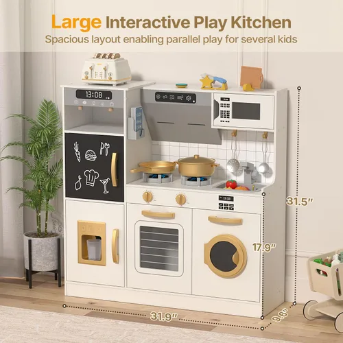 Miniatura 6 de BIERUM Play Kitchen - Juego de cocina para niños con luces y sonidos realistas, 28 piezas de accesorios de comida de juguete y utensilios de cocina