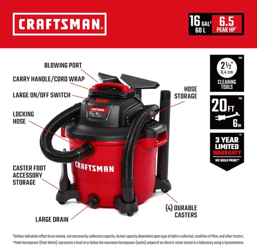 Miniatura 2 de CRAFTSMAN CMXEVBE18595 - Aspiradora húmeda y seca de 16 galones, 6.5 HP de potencia máxima, aspiradora de taller resistente húmeda y seca