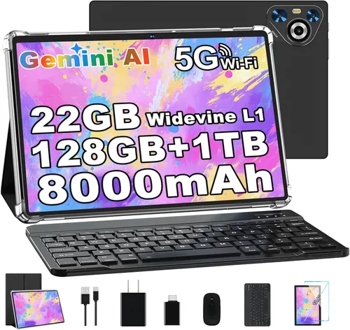 Tablet de 10 pulgadas, 22 GB de RAM+128 GB ROM+1 TB Expand, Android 14 Tablet con teclado y mouse, batería de 8000 mAh, pantalla IPS de 1280 x 800,