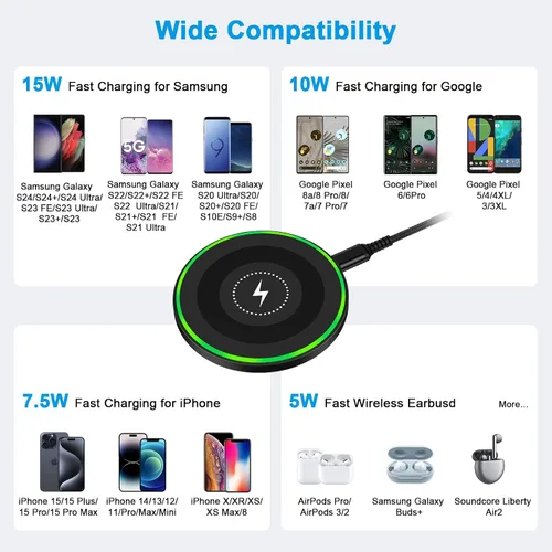 Miniatura 7 de Cargador inalámbrico de carga rápida para Samsung Galaxy S25 Ultra S25+ S25 S24 S23 FE S22 S21 S20 S10, cargador inalámbrico Android de 15 W