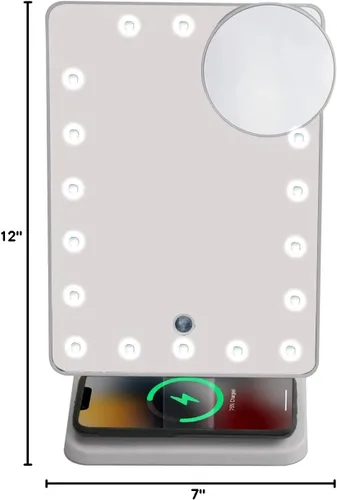 Miniatura 2 de Wireless Express Glam Studio Espejo de tocador con altavoz Bluetooth y soporte para teléfono, blanco, iluminación LED, llamadas manos libres, carga