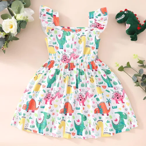 Miniatura 8 de Popshion Vestidos de niña con mangas con vuelo, vestido de verano para niños, fiesta de cumpleaños, sin mangas, vestido de 1 a 8 años