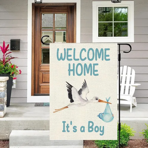 Miniatura 2 de DLZDN Bandera de jardín de bienvenida a casa para bebé, baby shower, bandera de jardín de 12 x 18 pulgadas, bandera de arpillera de doble cara