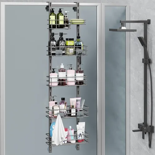 Miniatura 17 de Orimade Organizador de Ducha Sobre la Puerta Ajustable de 3 Niveles Negro, Estante Colgante para Baño a Prueba de Óxido con 4 Ganchos, Organizador