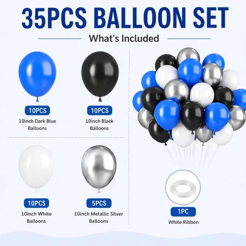 Miniatura 2 de Globos azules y negros, 35 unidades, globos de látex azul oscuro, negro y plateado con confeti plateado para cumpleaños, baby shower, bodas