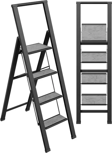Miniatura 12 de Escalera plegable de 1 escalón, decorativa, hermosa caoba y aluminio negro, perfil ultra delgado, peldaños antideslizantes, resistente y portátil
