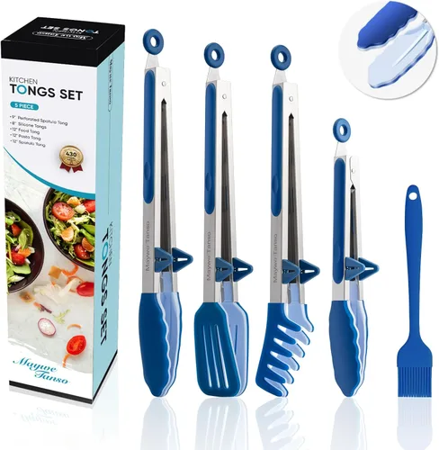 Miniatura 12 de Paquete de 3 pinzas de silicona para cocinar, Maywe Tanso pinzas de cocina de 9 pulgadas con puntas de silicona, pinzas de acero inoxidable