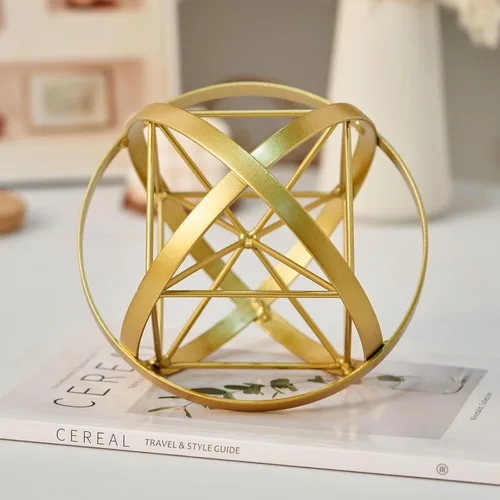 Miniatura 9 de HLQMFHT Escultura Abstracta Geométrica de Metal de 5.6 pulgadas de ancho x 16.3 pulgadas de alto sobre Base de Hierro Fundido, Decoración de Gold-f