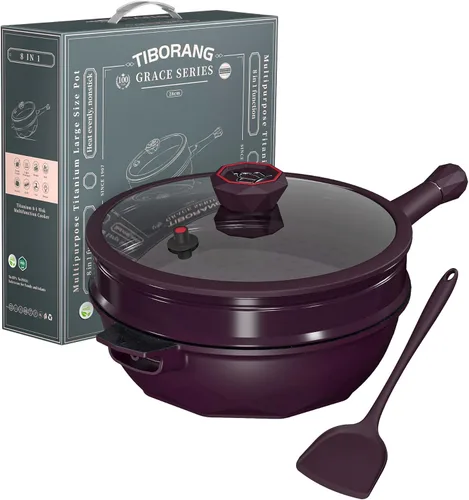 TIBORANG Sartén antiadherente multiusos 8 en 1 de 11 pulgadas y 5 cuartos con indicador de calor, tapa de vidrio, parrilla para vapor, libre de