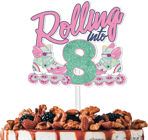 Decoración de 8 pasteles con purpurina rosa para tartas para patines retro de los años 80 y 90, hip hop, patinaje sobre ruedas, suministros de