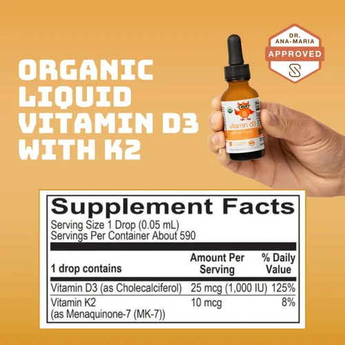 Miniatura 2 de Vitamina líquida orgánica D3 con K2 por la Dra. Ana Maria Temple Apoya huesos fuertes y salud inmunológica Certificado orgánico USDA Base