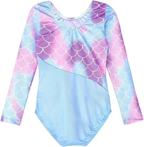 Miniatura 2 de Belovance Leotardos para niñas, gimnasia, ballet, baile, manga larga, brillante, sirena, mariposa, azul, rosa, Azul, verde
