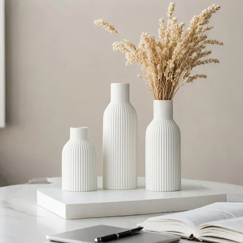 Miniatura 5 de Juego de 3 jarrones de cerámica modernos, jarrones decorativos acanalados blancos, centro de mesa para decoración del hogar, regalos de cumpleaños