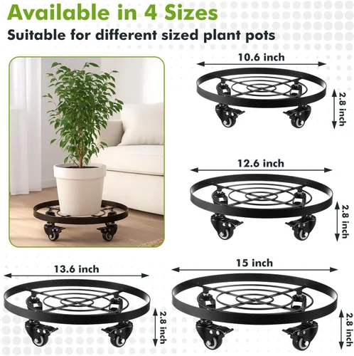 Miniatura 3 de Paquete de 3 posavasos de metal para plantas de 10.6 pulgadas, con ruedas, soporte rodante resistente para plantas con ruedas para interiores y Negro