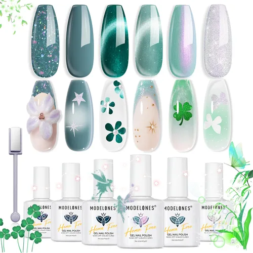 Miniatura 19 de modelones Juego de esmaltes de uñas de gel con purpurina, sin hema, 6 colores, Chameleon Aurora Shimmer Glitter Kit de esmalte de gel azul, verde