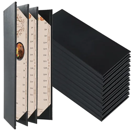 Fundas para menú de restaurante de 4.25 x 11 pulgadas | Paquete de 10 paneles de cuero sintético cuádruples con 6 esquinas anguladas para vista,