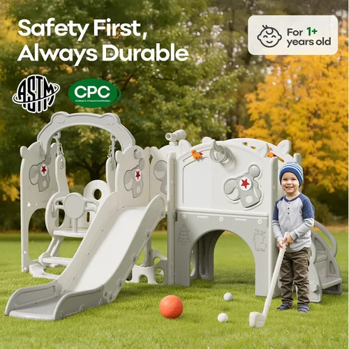 Miniatura 7 de Mloong Juego de toboganes y columpios 11 en 1 para niños pequeños de 1 a 3 años, para interiores y exteriores, con aro de baloncesto, golf, fácil