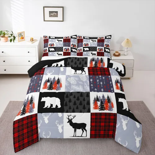 Juego de Funda de Edredón para Adolescentes con Motivo de Caza de Alces y Venados, Juego de Ropa de Cama Navideño con Árboles y Enredaderas de Osos