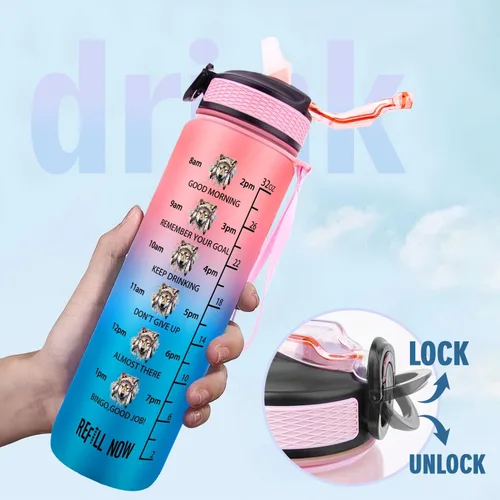 Miniatura 3 de Botellas de agua de 32 onzas, con marcador de tiempo, botella de agua reutilizable, botella de agua deportiva, botellas de agua de plástico, botella