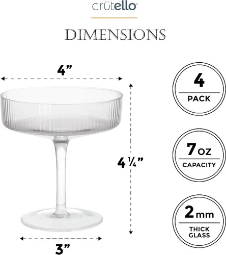 Miniatura 2 de Crutello Juego de 4 copas de champán cupé, clásicas de 7 onzas, vasos de cóctel vintage acanalados para champán, martini, Manhattan, cosmopolita