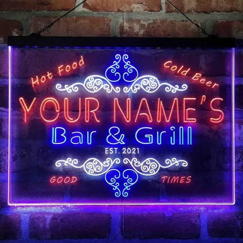 Miniatura 19 de Letrero de luz de neón LED tricolor personalizado para bar y parrilla, nombre personalizado, fecha, texto, cita, fuente blanco, azul y rojo, 17.7 x