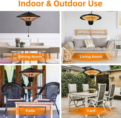 Miniatura 7 de KOCASO Calentador colgante de patio de 1500 W para interiores y exteriores, lámpara de calefacción eléctrica ultra silenciosa, IP23, impermeable, 2