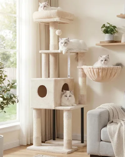 Miniatura 26 de Heybly Poste rascador para gatos, torre de árbol pequeño para gatos con 3 postes de sisal completos, cama de felpa extraíble, cepillo de aseo
