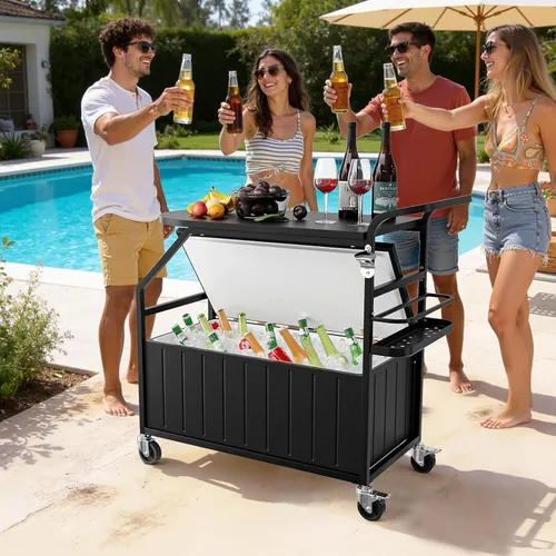 Miniatura 7 de VINGLI Enfriador de patio, baúl de hielo con mesa, abridor de botellas, enfriador al aire libre para fiesta, terraza, piscina Negro