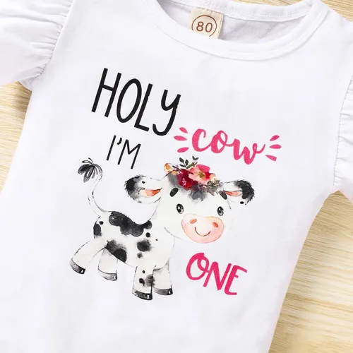 Miniatura 16 de Conjunto de ropa para bebé niña de 1er cumpleaños con mangas con volantes + pantalones cortos estampados + diadema para tartas
