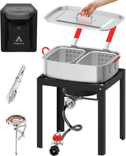 Miniatura 11 de Freidora de pescado de propano de 10 cuartos de galón con tapa, quemador de propano de 55,000 BTU, olla para exteriores con cestas, tapa, termómetro