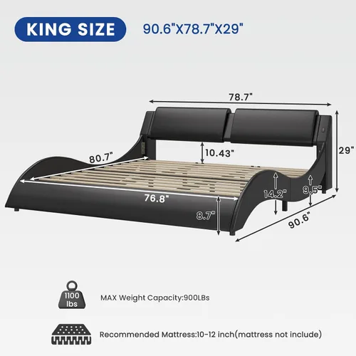 Miniatura 2 de DICTAC Base de cama King con puertos de carga y cabecero, base de cama de plataforma tamaño King con luces LED onduladas como curvas, soporte