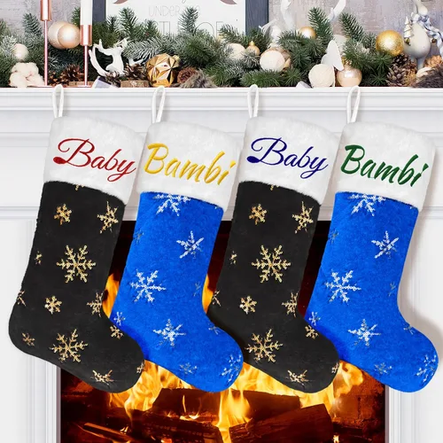 1 paquete de medias de Navidad personalizadas con nombres, 22 pulgadas, bordado personalizado, de piel sintética, negro y azul, con copos de nieve