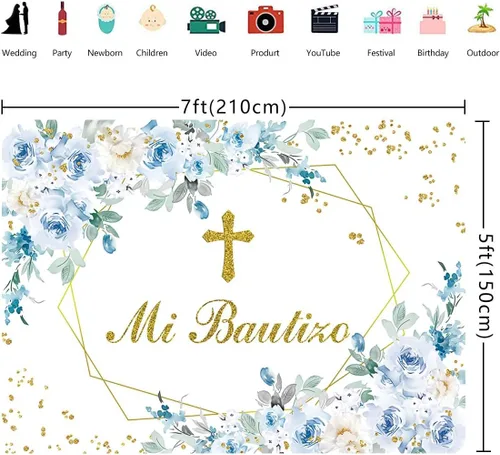 Miniatura 5 de Mi Bautizo - Telón de fondo para fiesta de bautismo mexicano, 7 x 5 pies, Dios bendiga la primera comunión, fondo azul flor niño bautismo banner