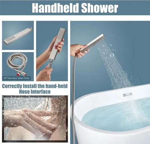 Miniatura 4 de Aolemi Llenador de bañera independiente de níquel cepillado para montaje en el suelo, grifo de bañera de baño cascada de latón con boquilla