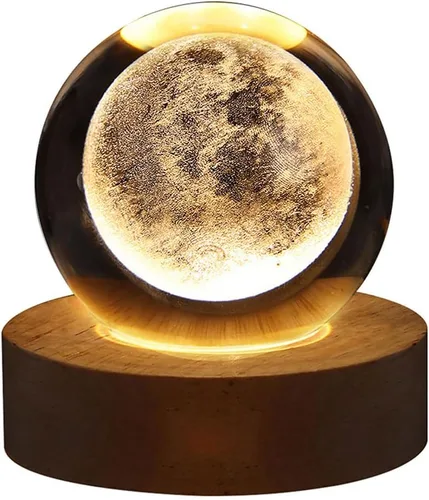 Miniatura 10 de Luz nocturna LED de bola de cristal, sistema de la Vía Láctea, lámpara de noche de cristal grabada en 3D con base de madera, carga USB
