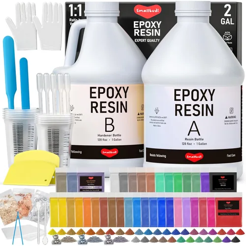 Miniatura 10 de Kit de resina epoxi Smallbudi de 1 galón con 24 colores de polvo de mica, lámina de oro, tazas y palo, resina transparente para principiantes