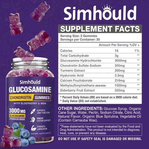 Miniatura 2 de Simhould 2 paquetes de gomitas de glucosamina y condroitina, suplemento de apoyo articular extra fuerte de 3000 mg con MSM y saúco, flexibilidad