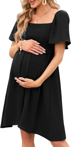 KOJOOIN Vestido de maternidad de verano para mujer, lazo en la espalda, cuello cuadrado, manga abombada, hombros descubiertos, vestido de baby shower
