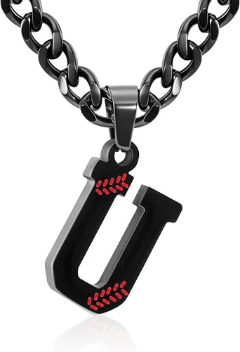 Miniatura 33 de Avotto Collar de béisbol con letra inicial de la A a la Z para niños y hombres, cadena cubana de acero inoxidable resistente que no se decolora
