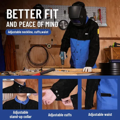 Miniatura 3 de QeeLink Chaqueta de soldadura mangas de cuero divididas Chaquetas de soldador híbridas de cuerpo de algodón resistente al fuego prémium