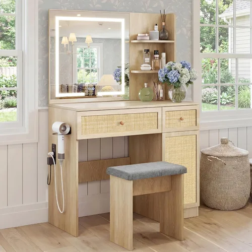 Yechen - Tocador de 35" estilo bohemio con espejo iluminado con LED y regleta de enchufes, juego de mesa de maquillaje de madera con cajones de
