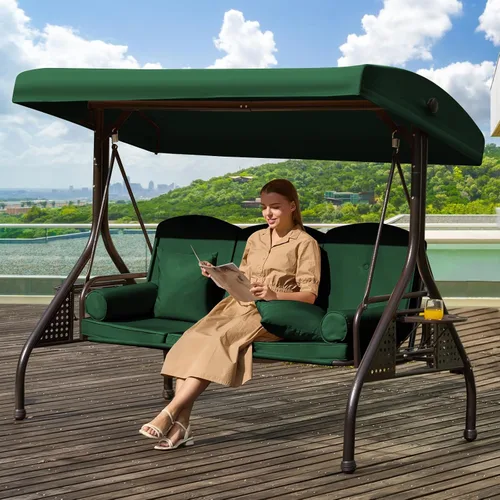 Miniatura 21 de Columpio de porche para exteriores 3 en 1 con toldo ajustable, columpio de 3 asientos para adultos, columpio de patio con cojines gruesos, almohadas