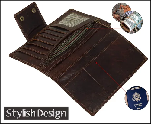 Miniatura 5 de Mou Meraki Cartera larga con bloqueo RFID de cuero genuino - Vintage Bifold para hombres, Rojo Marrón, Cartera larga