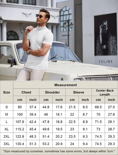 Miniatura 6 de COOFANDY Suéter de cuello alto falso para hombre, de manga corta, color sólido, básico, ajustado, de punto