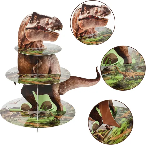Miniatura 4 de ZOIIWA Soporte de cupcakes con temática de dinosaurio para decoración de fiesta de cumpleaños de dinosaurio, 24 decoraciones de cupcakes, 3 niveles