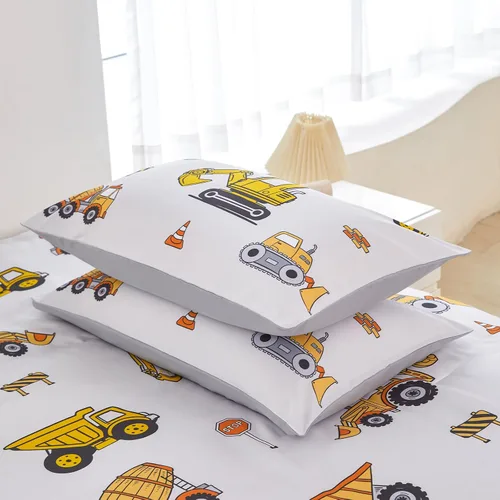 Miniatura 7 de ZRNBAST Juego de ropa de cama individual para niños y niños, beige, con diseño de coches de dibujos animados, excavadora, tractor, juego de edredón